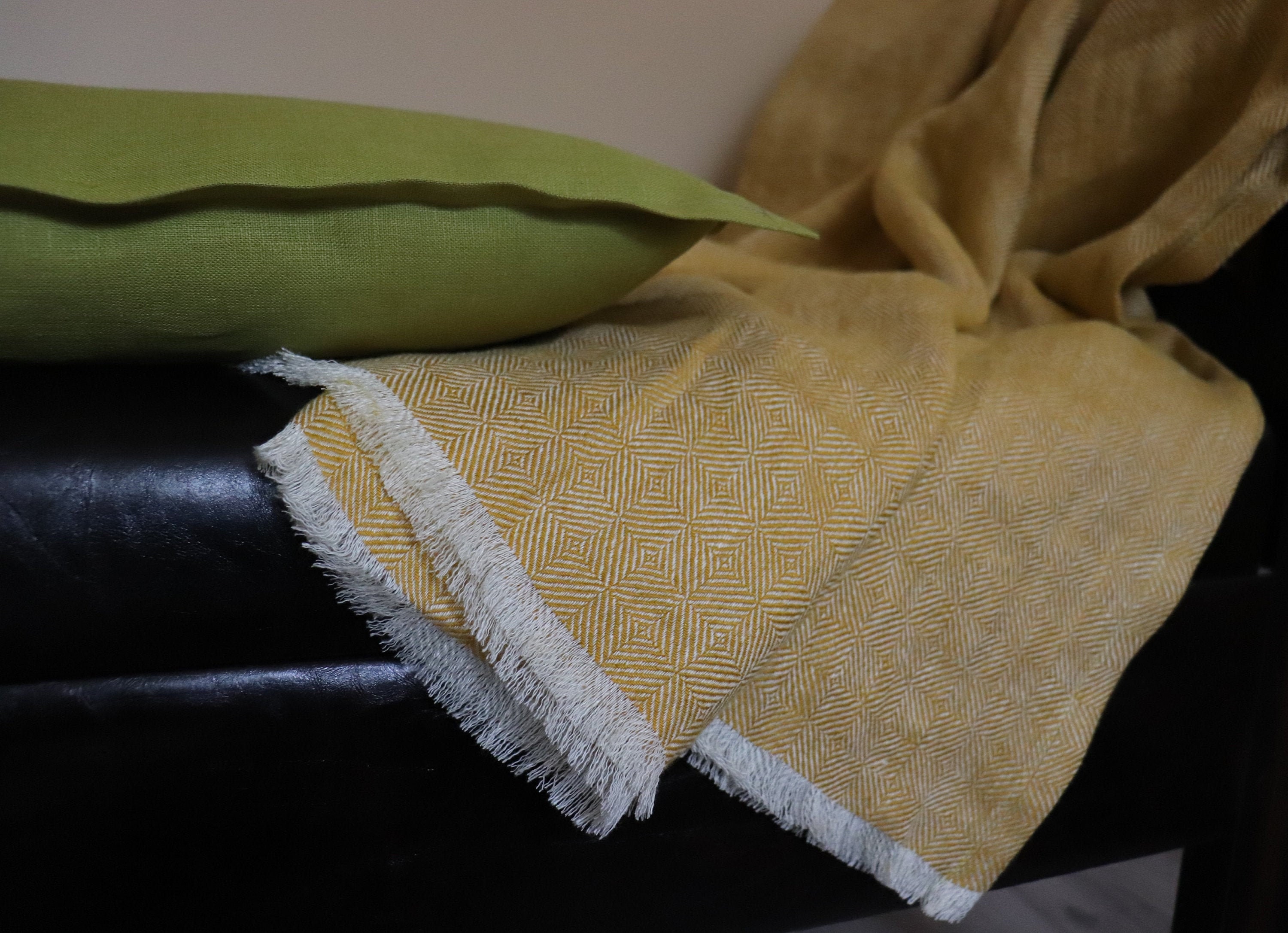 Soft linen throw of patterned linen flax, Yellow mustard linen blanket