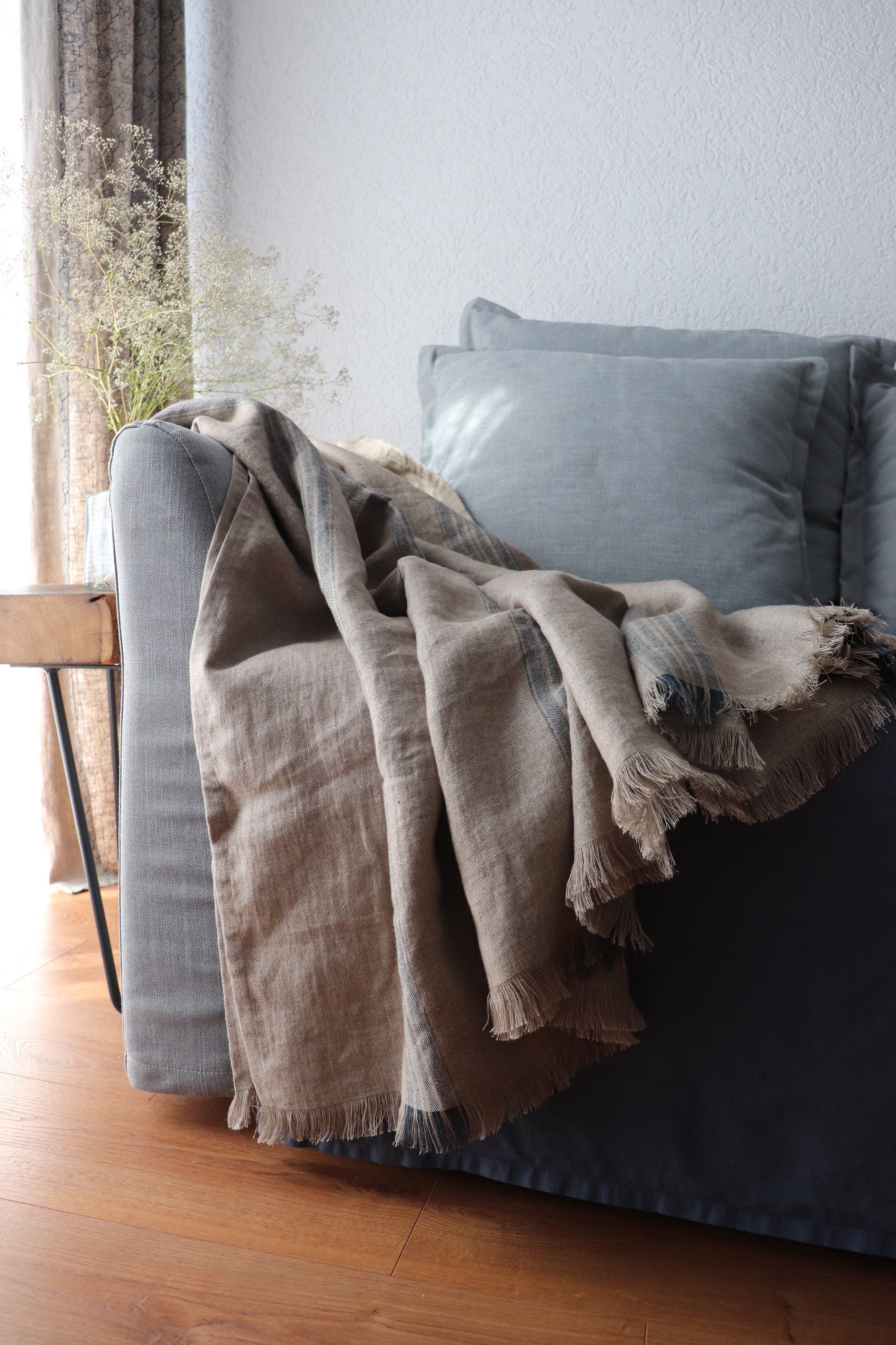 Linen Blanket with black stripes in a grain sack pattern, Thick Linen
