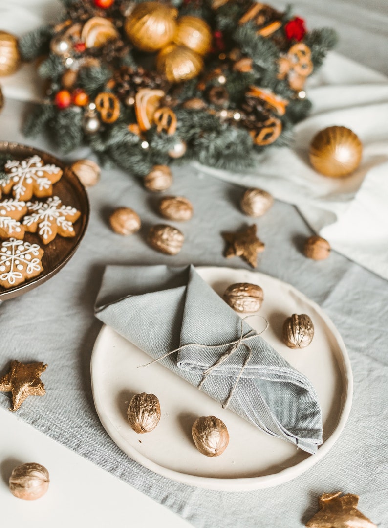Set of tablecloth and napkins made of thick natural linen flax Christmas table linens Washed linen tablecloth and napkins of organic flax