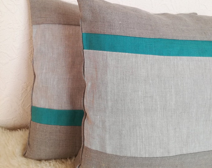 Teal Striped Throw Pillow set of 2 - Linen Decorative Pillow - Teal Grey Cushion Cover - Linen Pillow - Gray Pillow Cover -Rustic Cushion