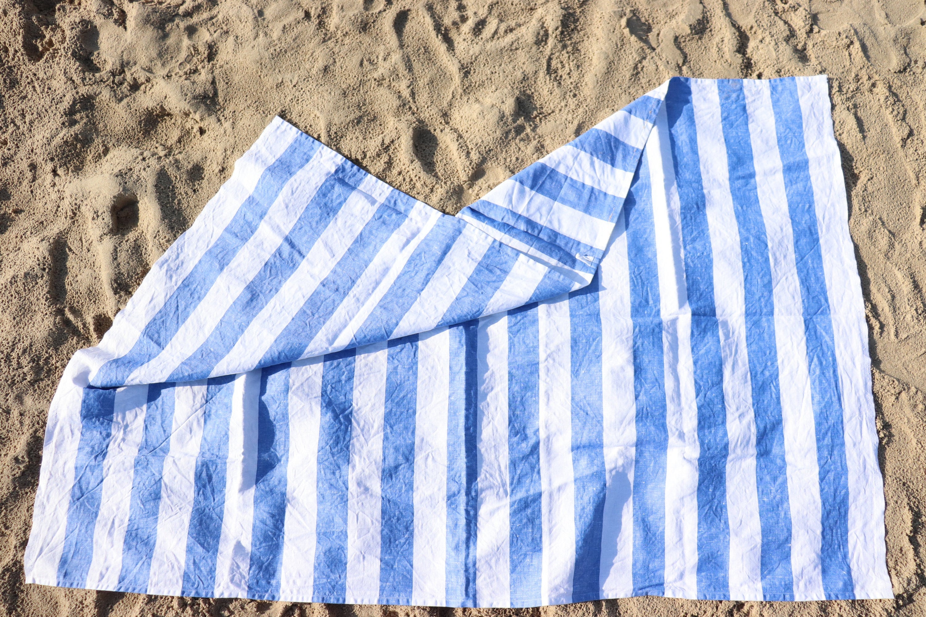 Stonewashed linen - pure 100% linen flax luxury beach bath towel light blue  with white stripes pre-washed laundered European linen lint free fast dry  linen throw beach blanket picnic blanket bath sheet