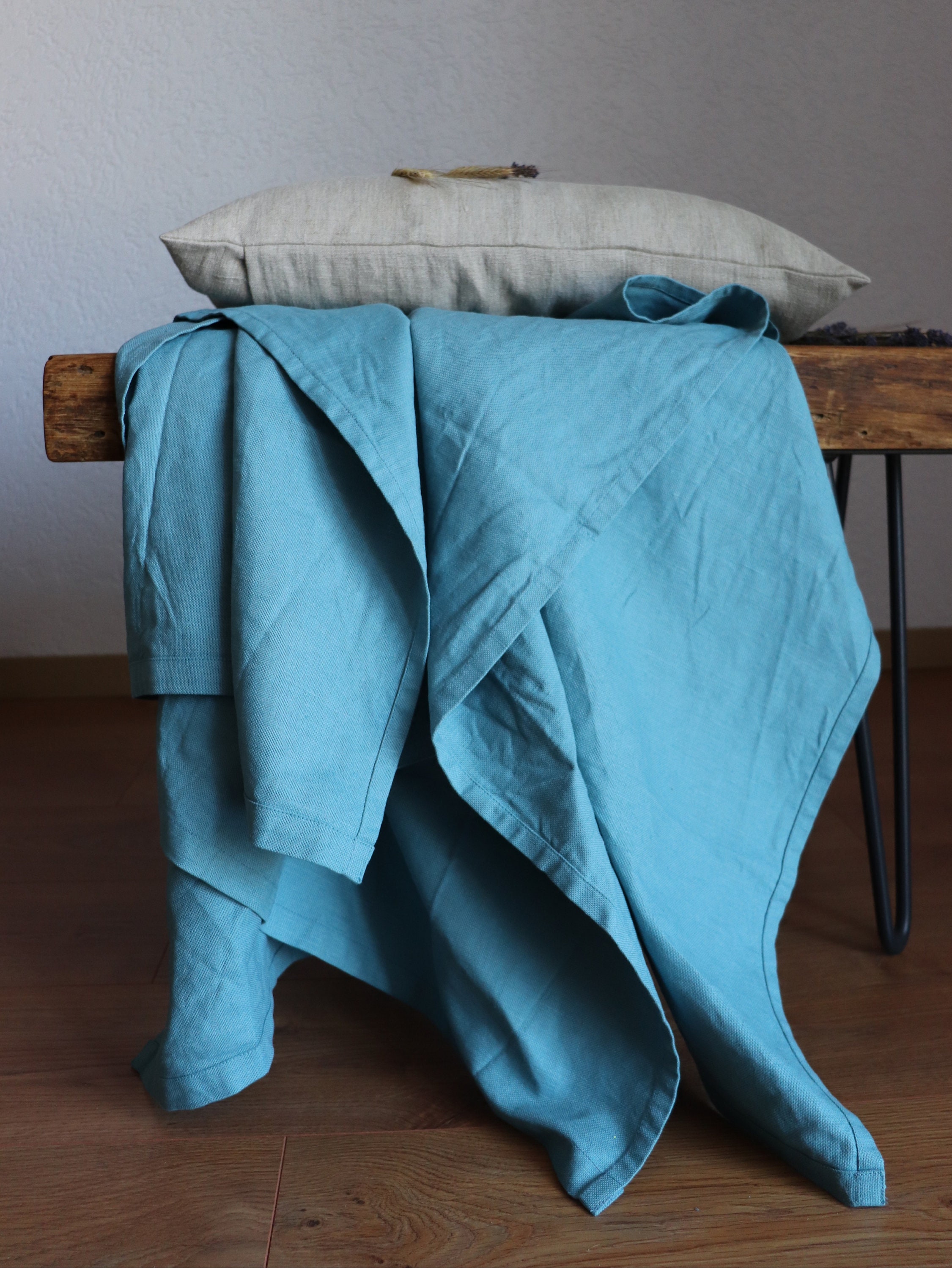 Sea blue linen blanket of natural flax, Softened linen throw blanket