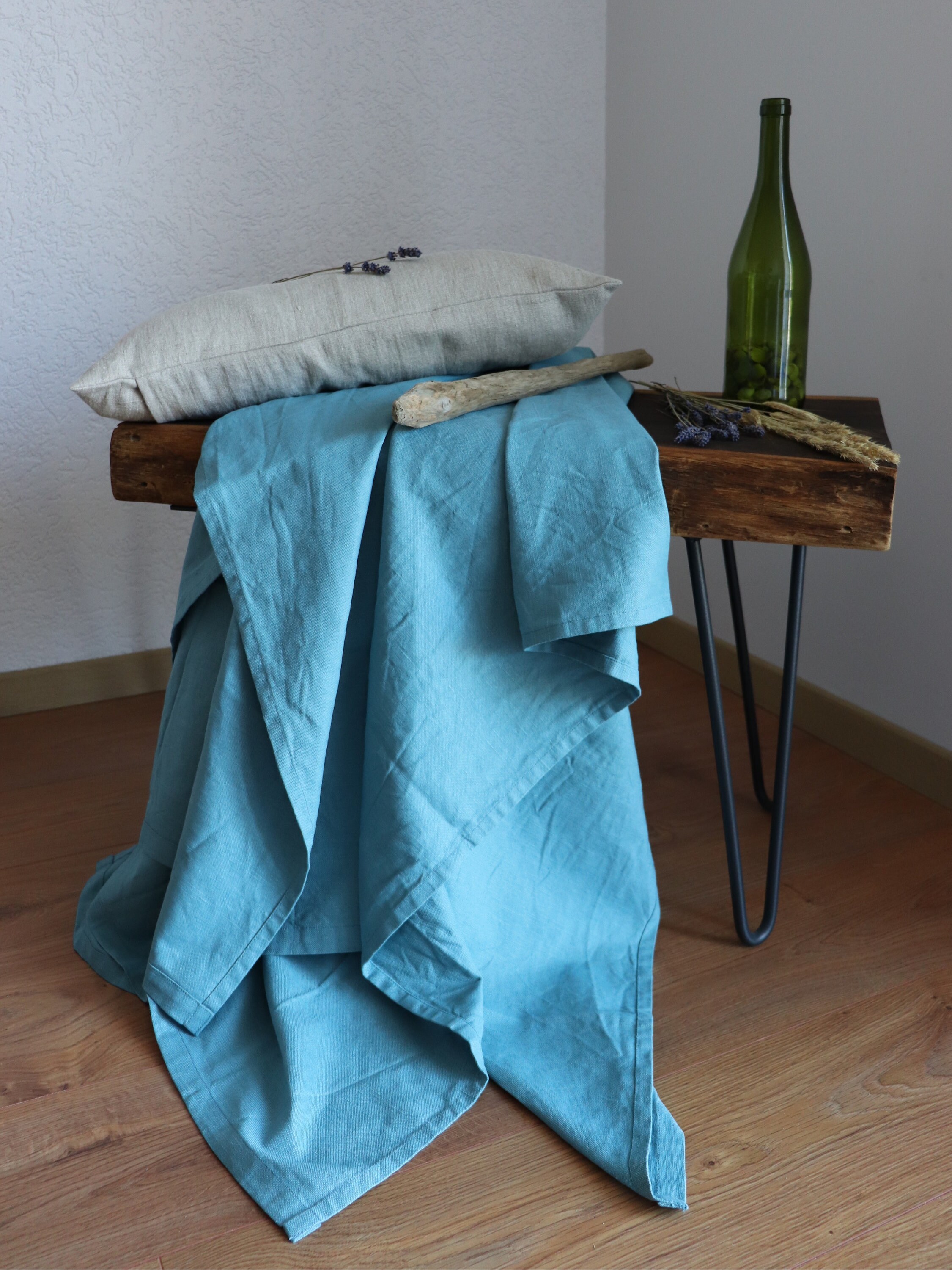 Sea blue linen blanket of natural flax, Softened linen throw blanket