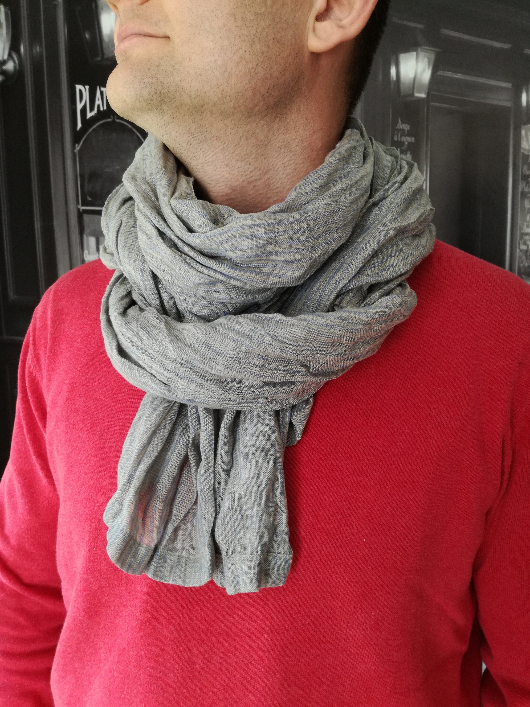 Striped Linen Scarf for Man Gift for Dad Pure Linen Scarf Large