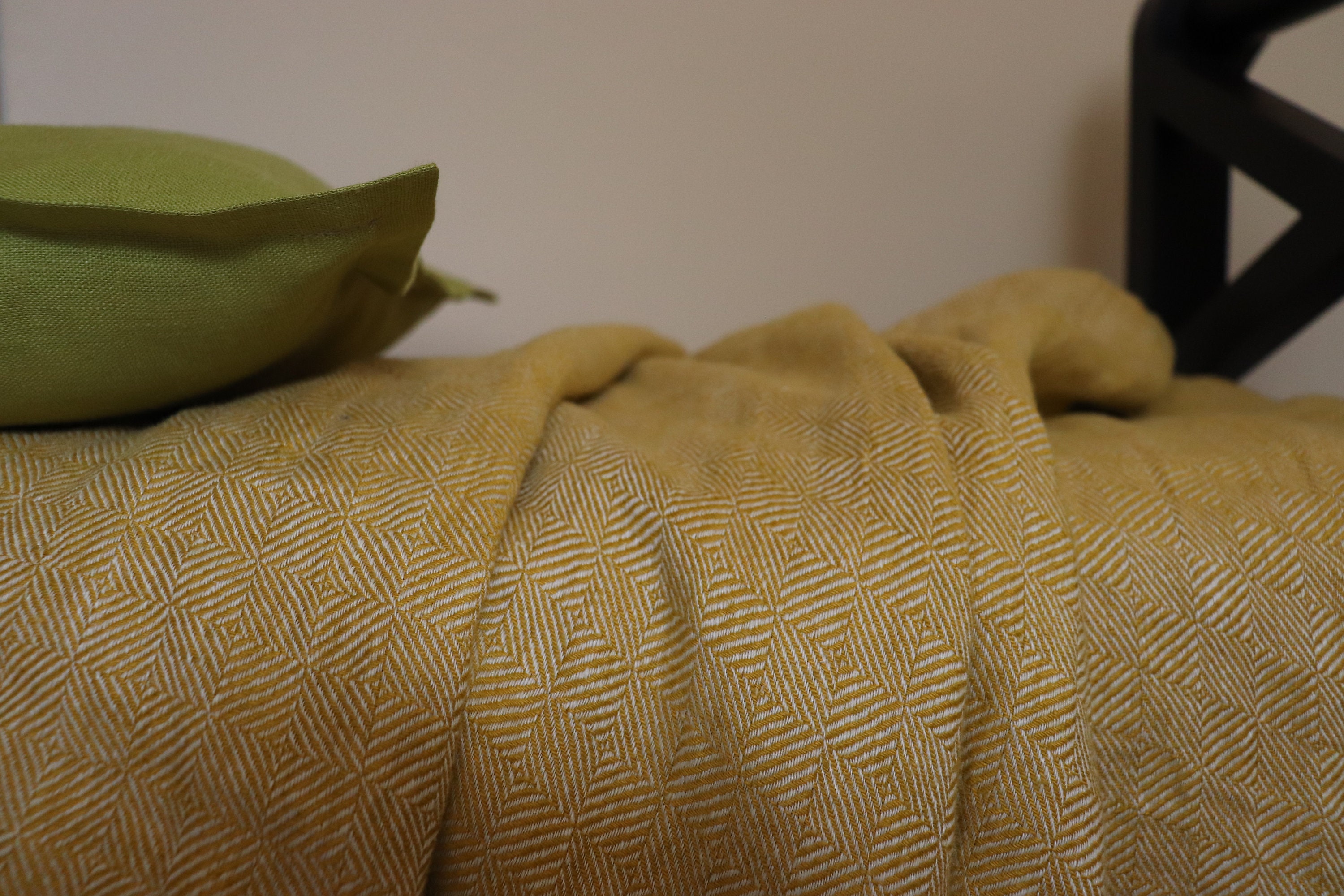 Soft linen throw of patterned linen flax, Yellow mustard linen blanket