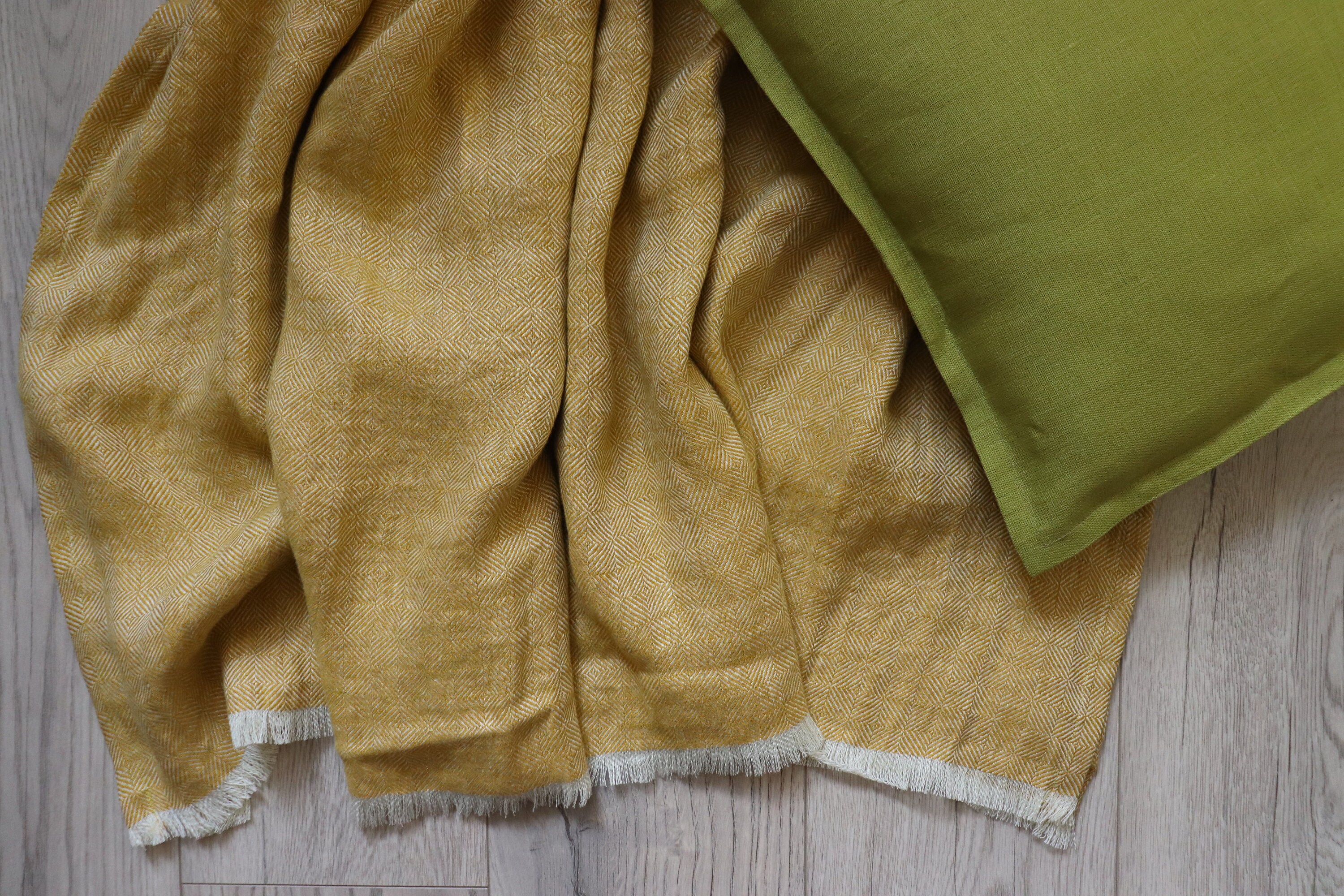 Soft linen throw of patterned linen flax, Yellow mustard linen blanket