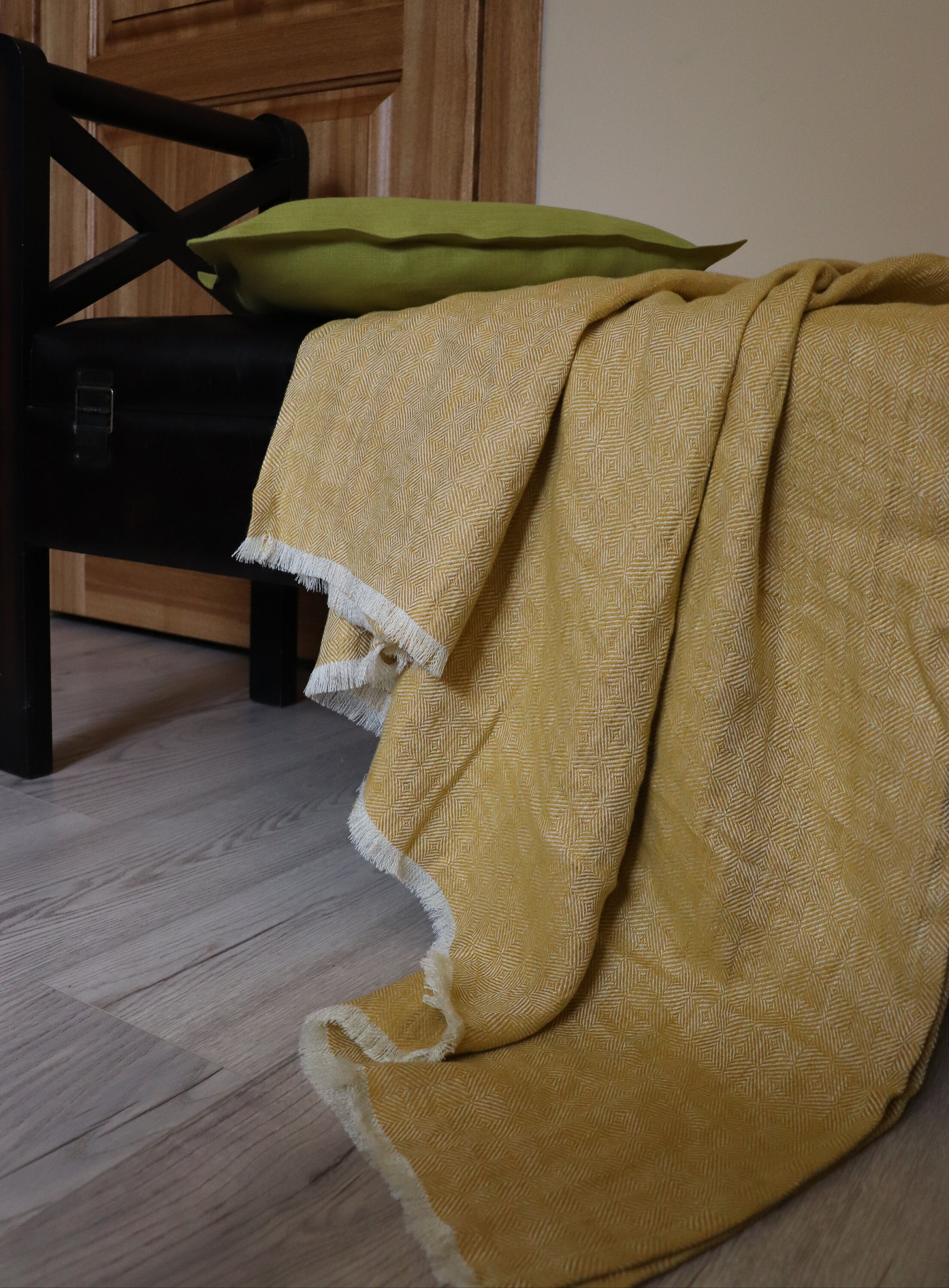 Soft linen throw of patterned linen flax, Yellow mustard linen blanket, Summer throw blanket