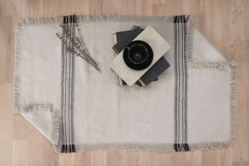 Thick linen rug in grain sack pattern Striped linen mat | Etsy