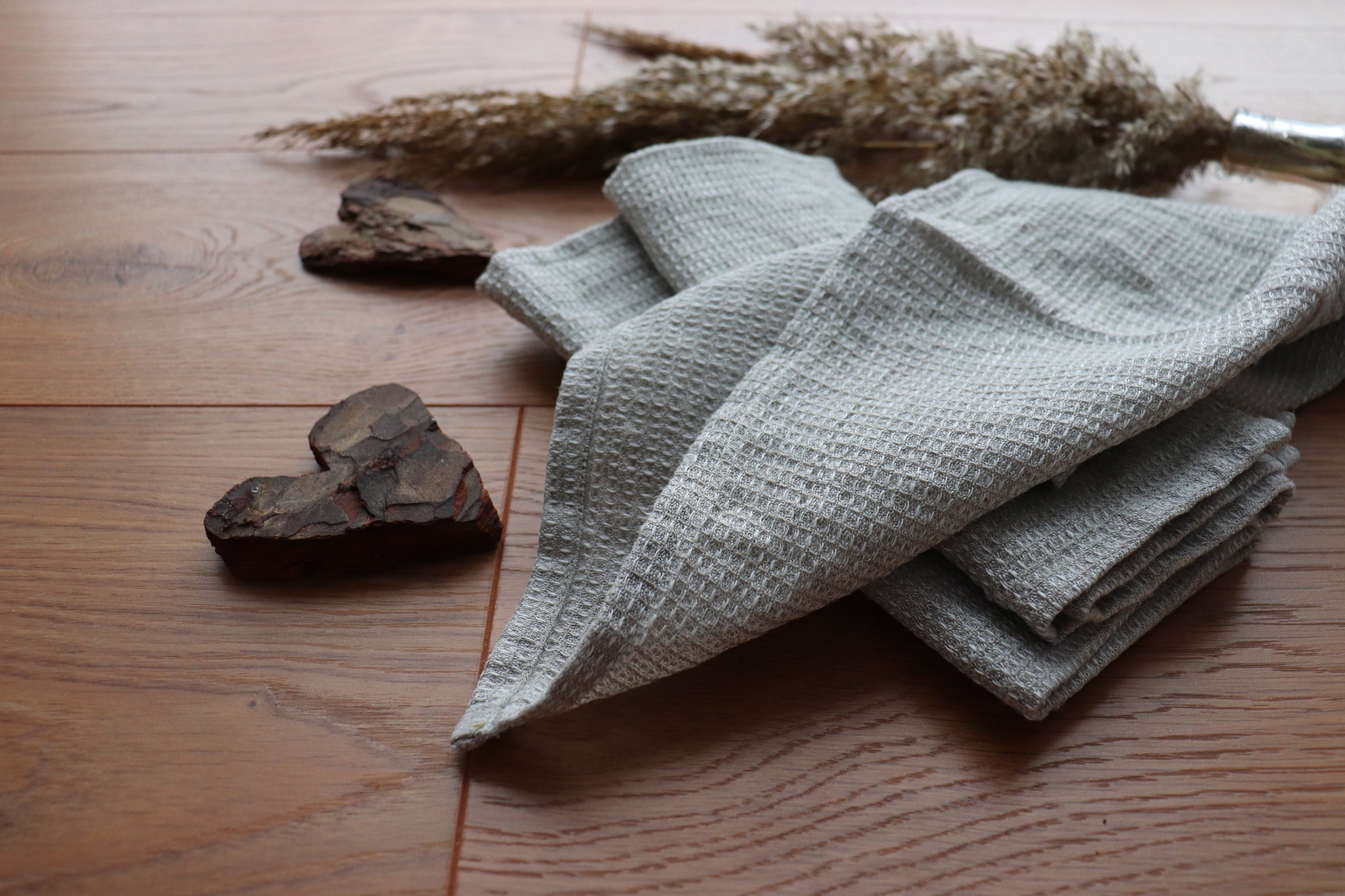 Kitchen linen towel Set of 3, Gray linen dish towels, Waffle linen