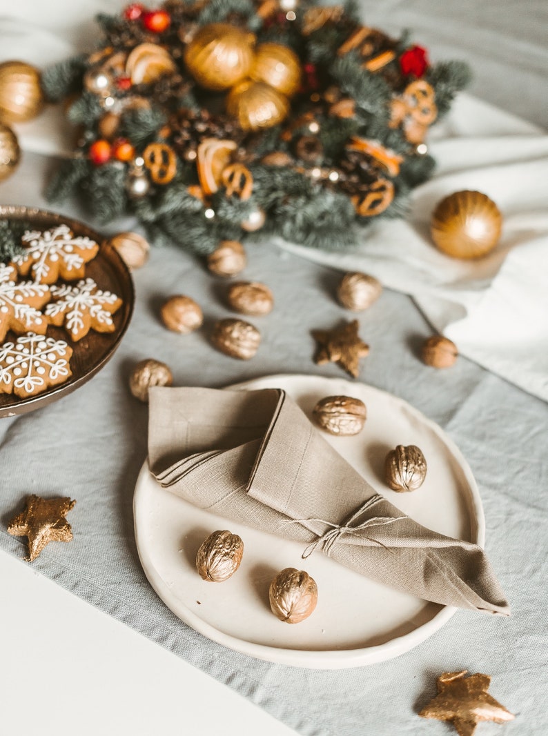 Set of tablecloth and napkins made of thick natural linen flax Christmas table linens Washed linen tablecloth and napkins of organic flax