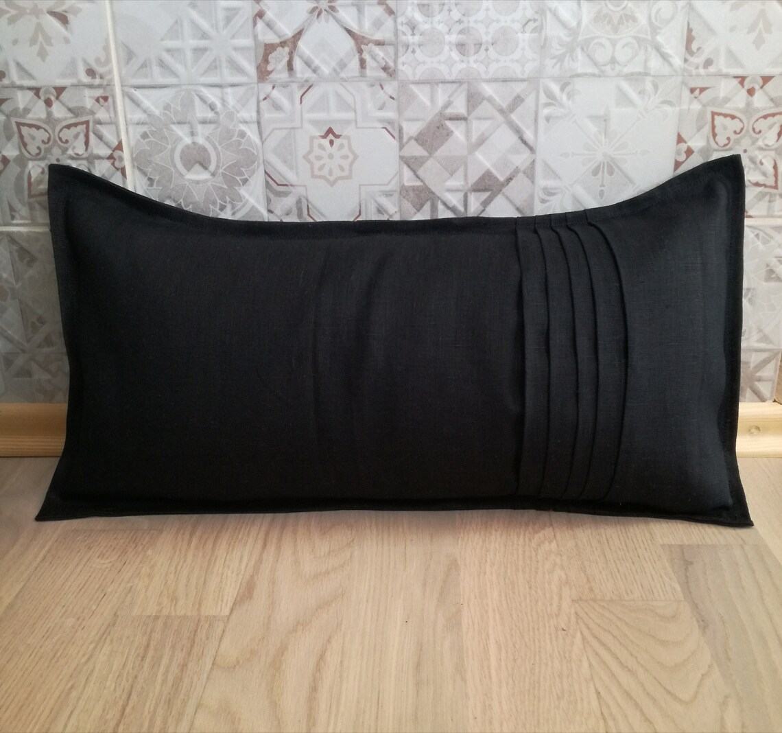 Black Pleated Lumbar Pillow Bench Cushion Linen Pillow Etsy