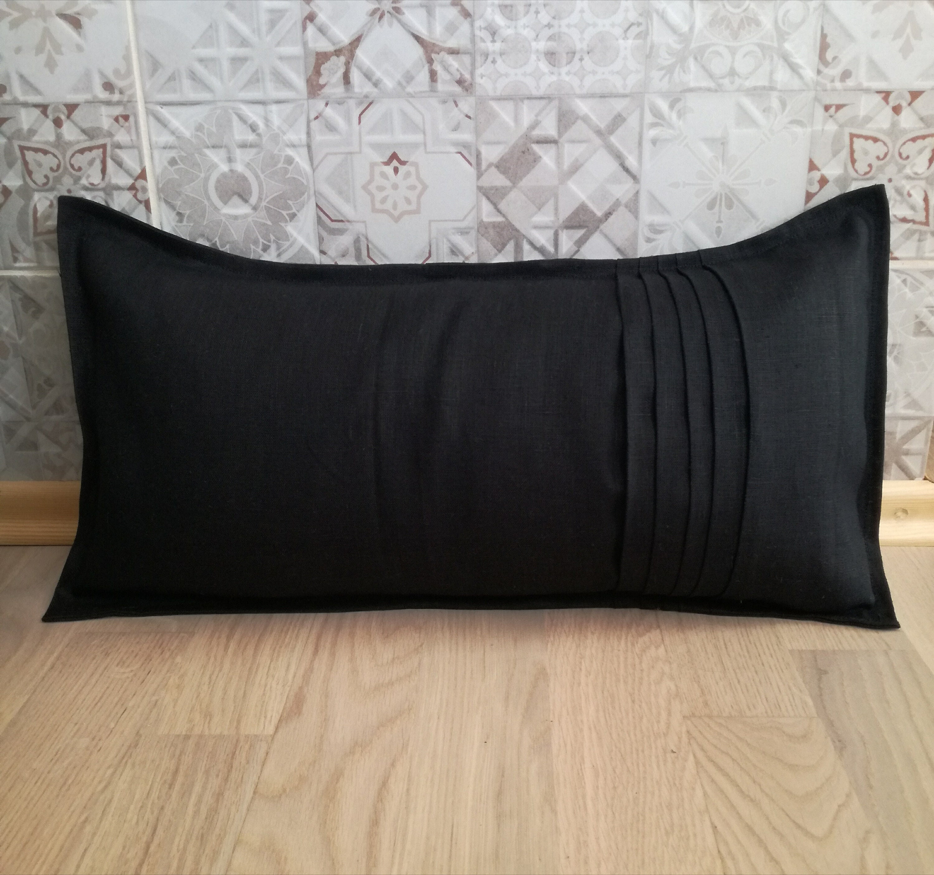 Mayla Linen/Cotton Long Lumbar Cushion - Natural/Black