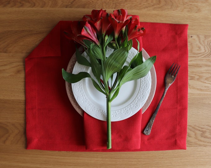 Red linen placemat set of 6,8,10 made of flax. Natural linen placemats. Christmas linen placemats. Thanksgiving placemat set. Table decor