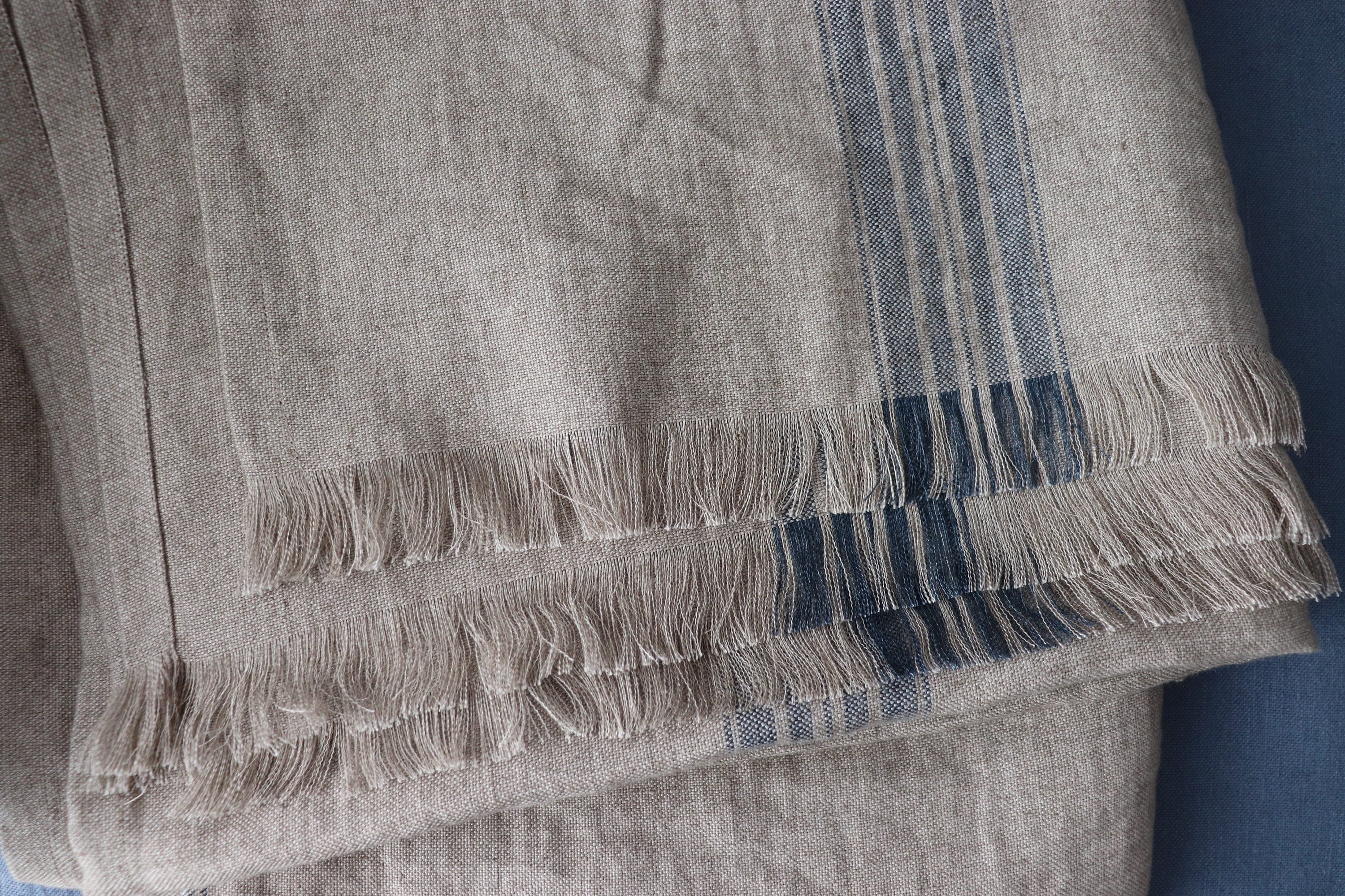 Linen Blanket with black stripes in a grain sack pattern, Thick Linen Throw Blanket, Rustic