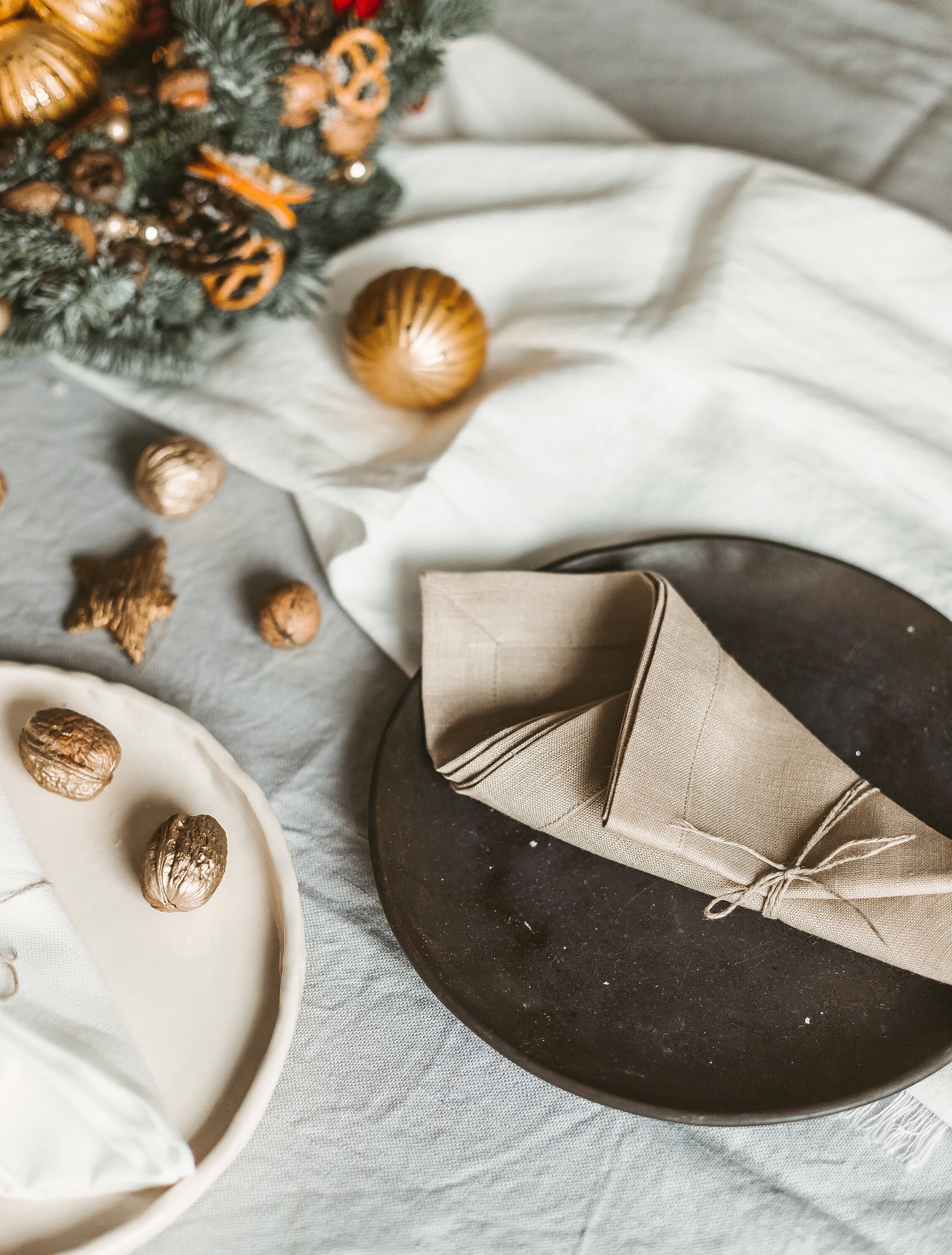 Table runner and napkins made of natural soft linen, Set of washed