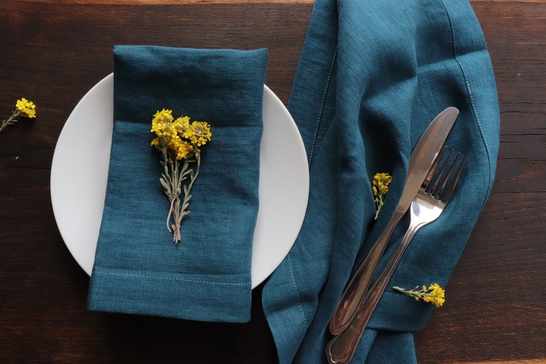 Blue Linen Napkin Set of 6 8 10 of organic flax. Pure Linen Napkins. Narural Linen Napkins. Elegant Christmas Napkins. Easter Table Decor image 3