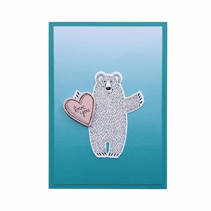 BEAR HUGS CARD, bear with heart card, I love you pink heart, romantic card, anniversary celebration, boyfriend or girlfriend, any occasion
