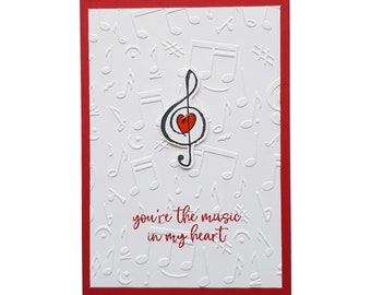 MUSIC LOVER CARD, treble clef with heart, music for Valentines Day, embossed music notes, music themed card, music in my heart, red & white