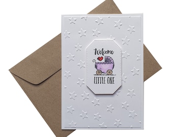 BABY CARD with pink pram, new baby girl card, welcome little one, handcrafted for a baby girl, embossed stars card, baby girl embossed card