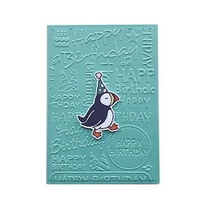 PUFFIN BIRTHDAY CARD, birthday card with puffin, handcrafted and embossed card, birthday hat with pom pom, cake with candles, embossed words