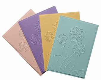 DANDELION CARDS in four pastel colours, any occasion cards, dandelion flower cards, hand embossed, stationery set with envelopes, dandelions