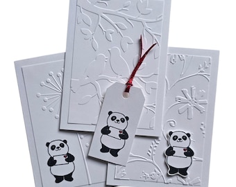Embossed Panda Cards Set, Handmade Animal Notes with Envelopes, Stickers, Blank Greeting Cards