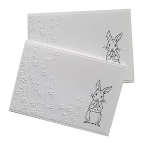 Set of 2 RABBIT CARDS for all occasions, white & black embossed cards, rabbit and flowers, any occasion card, handcrafted and embossed cards