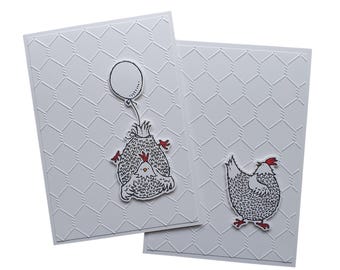 A Set of 2 Embossed Chicken Cards: Hand Stamped Farmyard Art