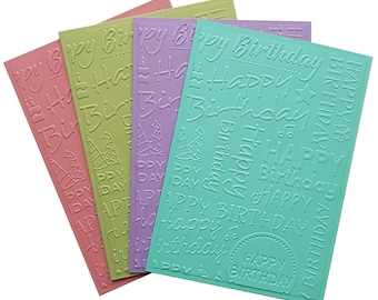 EMBOSSED BIRTHDAY Cards, pastel birthday cards, birthday words, pastel colours, set of 4 cards, blank birthday cards, happy birthday cards