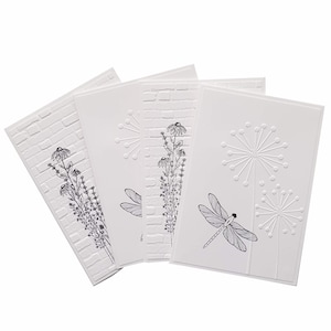 ALL OCCASION Cards, set of 4 cards, white and black embossed cards, flowers & dragonflies, any occasion card, dandelion flower, line drawing