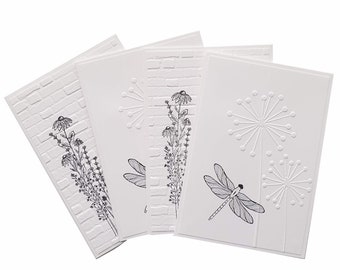 ALL OCCASION Cards, set of 4 cards, white and black embossed cards, flowers & dragonflies, any occasion card, dandelion flower, line drawing