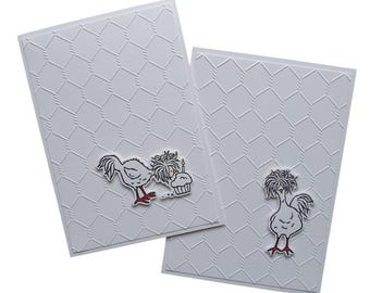 A Set of 2 Embossed Chicken Cards: Hand Stamped Farmyard Art