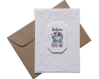 BABY CARD with blue pram, new baby boy card, welcome little one, handcrafted for a new baby boy, embossed stars card, baby boy embossed card