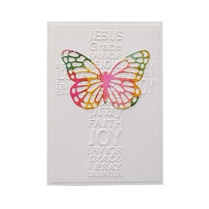 RAINBOW BUTTERFLY Card, Easter, card & cross, embossed words, Christian cards, die-cut butterfly, butterfly card, religious card with cross