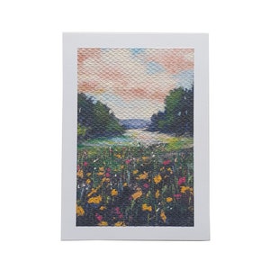 LANDSCAPE with MEADOW FLOWERS, outdoor countryside, meadow garden scene, wildflowers greeting card, impressionistic style, handmade card |01