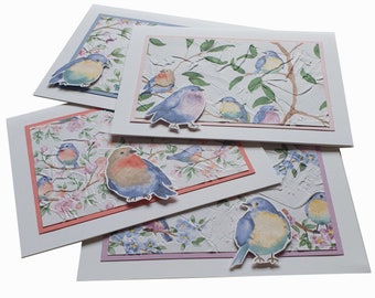 BIRD CARDS with leafy and floral background, set of 4 blank cards, made for bird lovers, many occasion cards, handcrafted and embossed