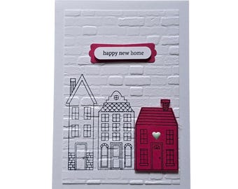 New Home Card, Textured Brick Pattern, House Warming Congratulations, Hand Stamped Houses