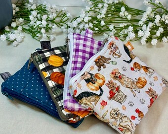 Fall Quilted Keychain Wallet, Autumn Lanyard Badge and card Holder,  Dog Zipper Wristlet Wallet