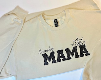 Spooky MAMA Embroidered Crew Neck, Halloween Crew Neck, Spooky Season Shirt, Spiderweb Embroidered Sweater, Boo Basket Gift for Her