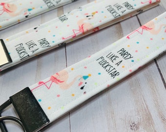 Party Like a Flockstar Wristlet, Flamingo KeyChain, Confetti Key Fob, White Lanyard