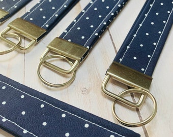 Blue and White Polk a Dot Key Chain, Key Fob, Simple Fabric Wristlet