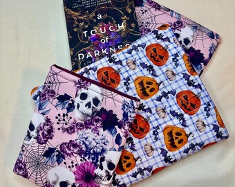 Floral Skull Book Sleeve, Purple Gingham E-Reader Holder, Pumpkin Notebook Protector, Jack o Lantern