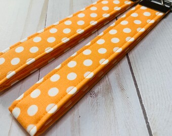 Polk a dot Key Fob, Fall Wristlet, Orange and White Key Chain, Fabric