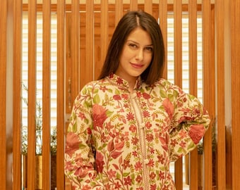 Handmade Kashmiri Aari Embroidered Long Coat, Floral Boho Jacket