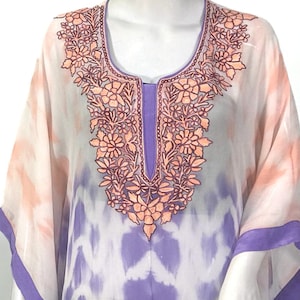 Tie n Dye Georgette Kaftan Kurti with Kashmiri Aari Embroidery, Women Embroidered Kaftans, Loose Women Tunic Dress