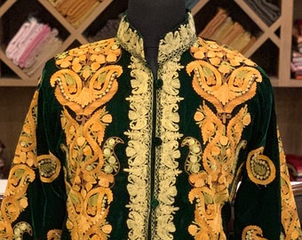 Grüner Samtmantel, lange Mäntel, bestickter Mantel für Frau, Kashmiri-Stickereijacke, Kaschmir-Mantel, Frauenmantel, Boho-bestickte Mäntel