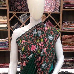 Green Aari Embroidered Kashmiri Saree, Women Indian Ethnic, Traditional Outfit, Kashmir embroidery, Girls Kashmiri Sari, Women Dress