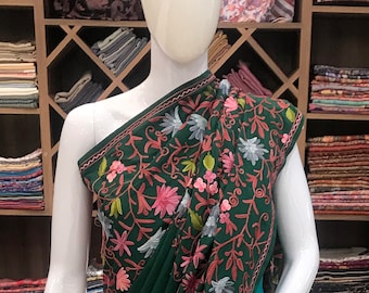 Sari brodé aari vert, sari cachemiri semi-crêpe, robe ethnique