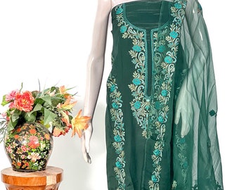 Bottle Green Salwar Suit with Kashmiri Aari Embroidery, Party Wear, Kashmir Suits, Indian Wedding Suits,  Salwar Kameez