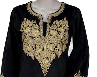Black Women Suede Velvet Long Kurta with Tilla Embroidery, Embroidered Velvet Tunics, Long Women Kurti